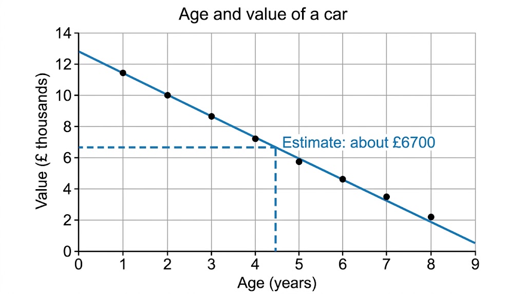 A scatter graph of car age against value with a falling line of best fit, used to estimate the value of a 4.5-year-old car.