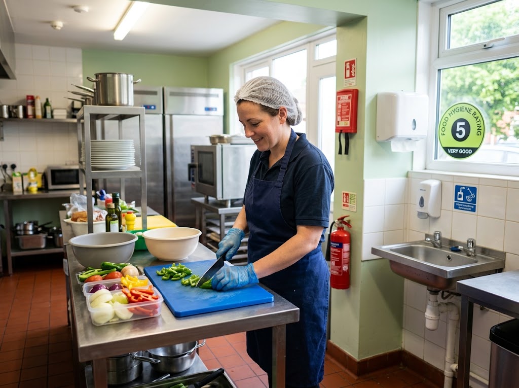A cook in gloves and a hairnet preparing food in a clean café kitchen with a fire extinguisher and hygiene rating sticker.
