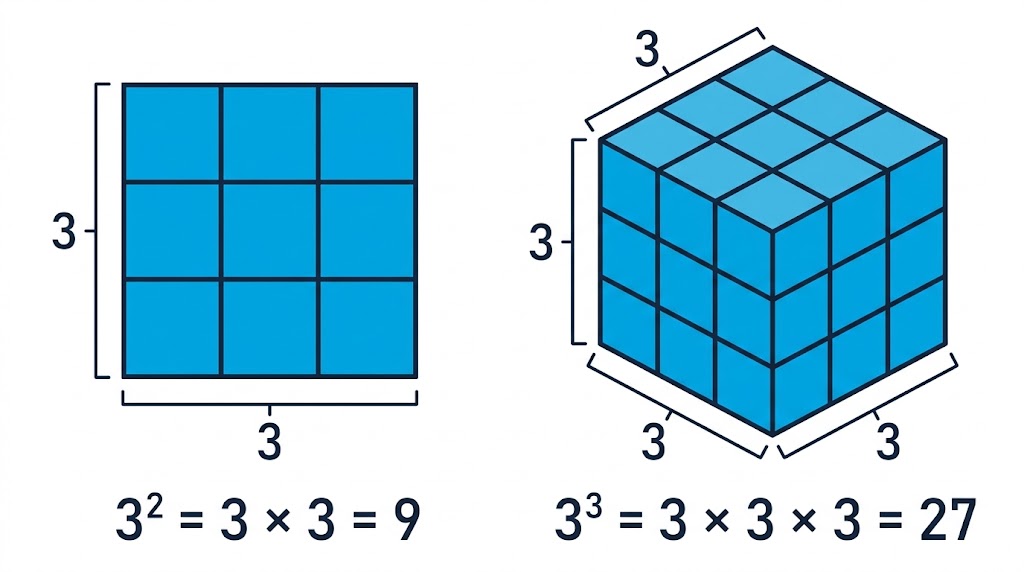 A 3 by 3 square of 9 small squares beside a 3 by 3 by 3 cube of 27 small cubes.