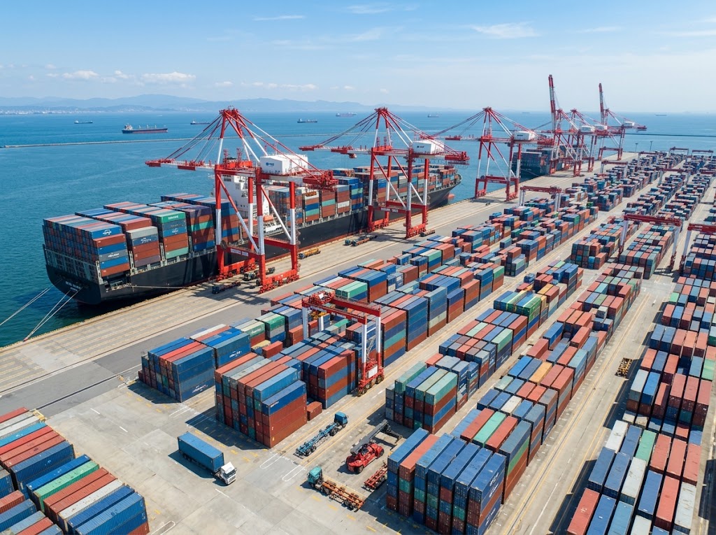 A container ship being loaded by cranes at a busy port with stacks of containers.