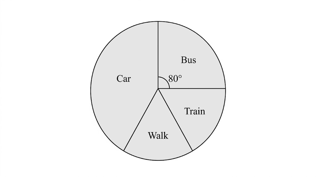 A pie chart of how 900 people travel to work: car, bus, train and walk, with the bus sector marked 80 degrees.