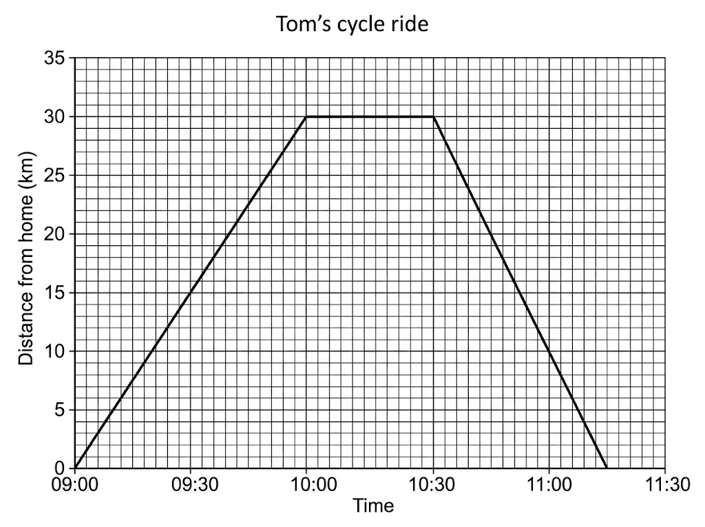 A distance-time graph of Tom's ride: 30 km out by 10:00, stopped until 10:30, and home by 11:15.