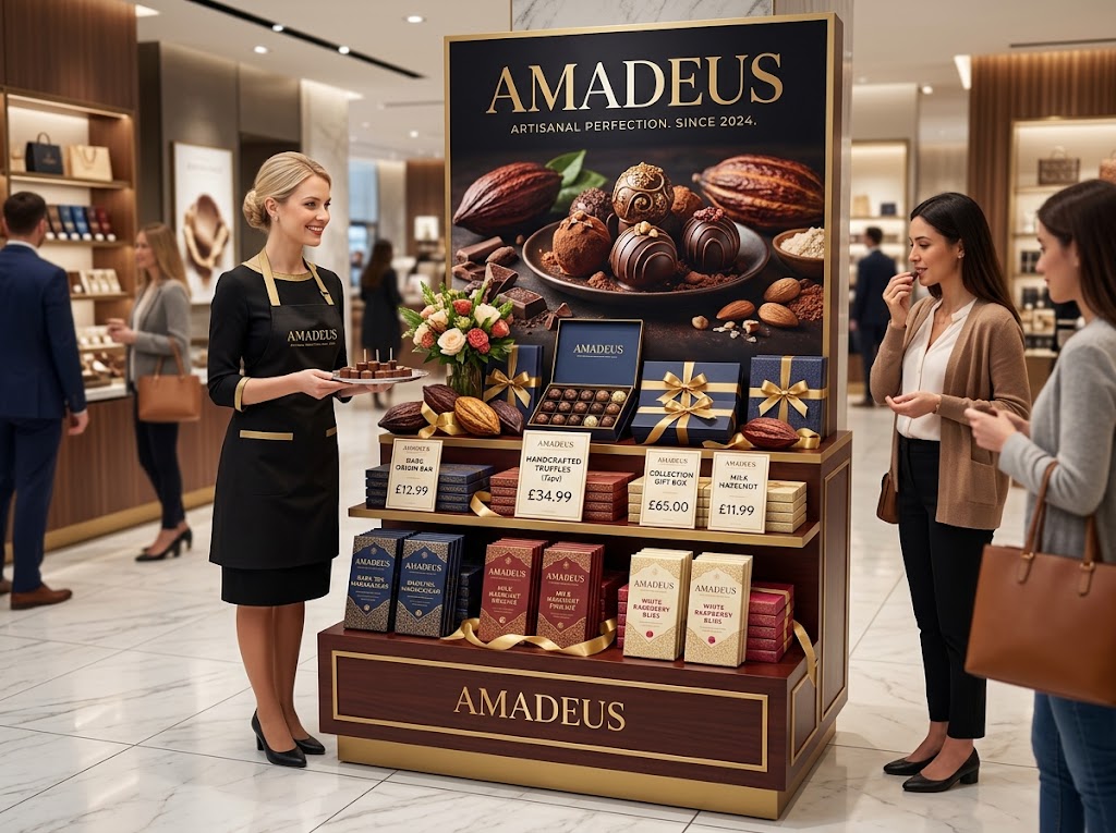 An elegant in-store display launching a premium chocolate brand with samples and stylish packaging.