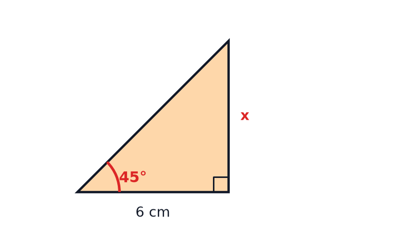 A right-angled triangle with a 45 degree angle, a base of 6 cm and the opposite side labelled x.