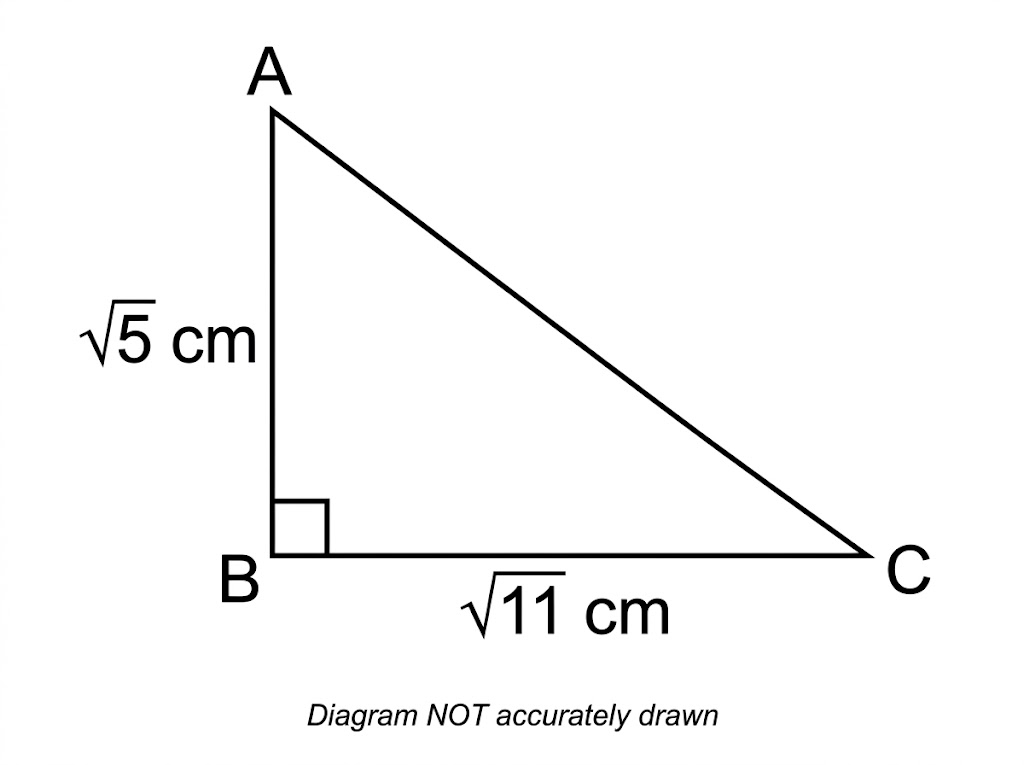 A right-angled triangle ABC with the right angle at B, AB = root 5 cm and BC = root 11 cm.