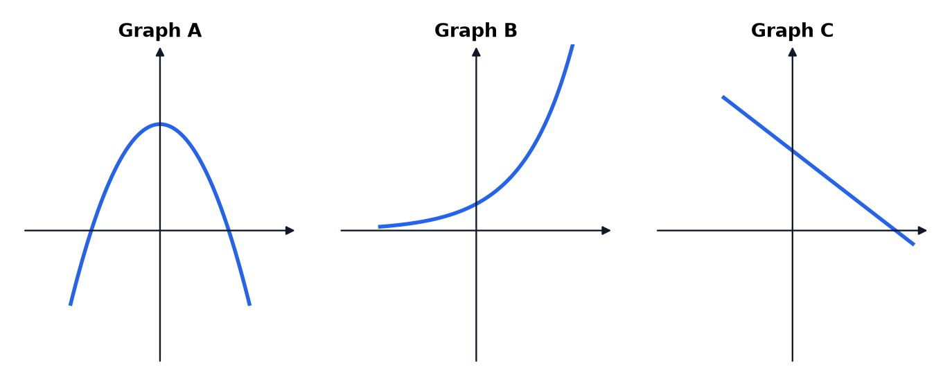 Three graphs: an upside-down U-shaped curve, a rapidly rising curve above the x-axis and a falling straight line.