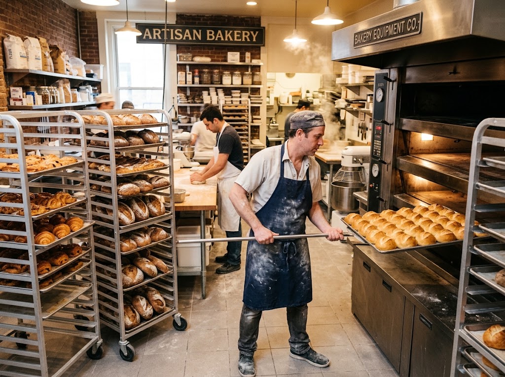 A baker sliding a tray of identical bread rolls into an oven, with racks of other batches nearby.