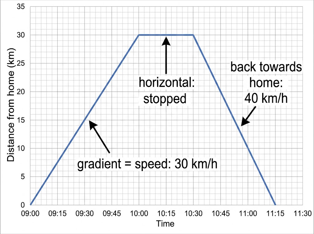 A distance-time graph going up to 30 km in an hour, flat for 30 minutes, then back down to 0 in 45 minutes.