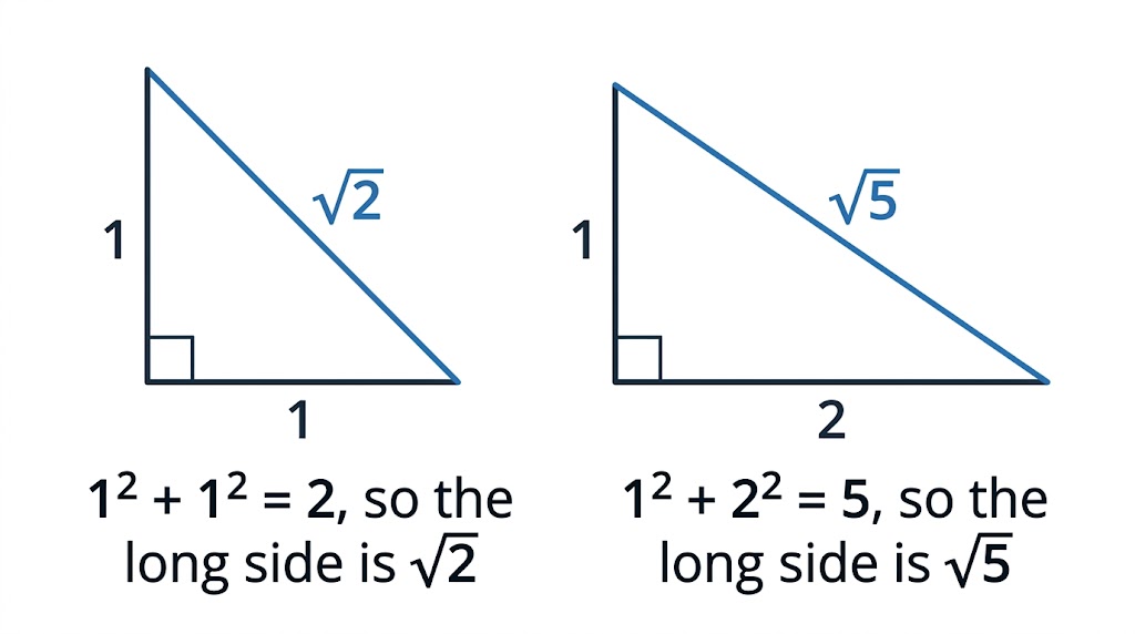 Two right-angled triangles: one with sides 1, 1 and root 2, the other with sides 1, 2 and root 5.