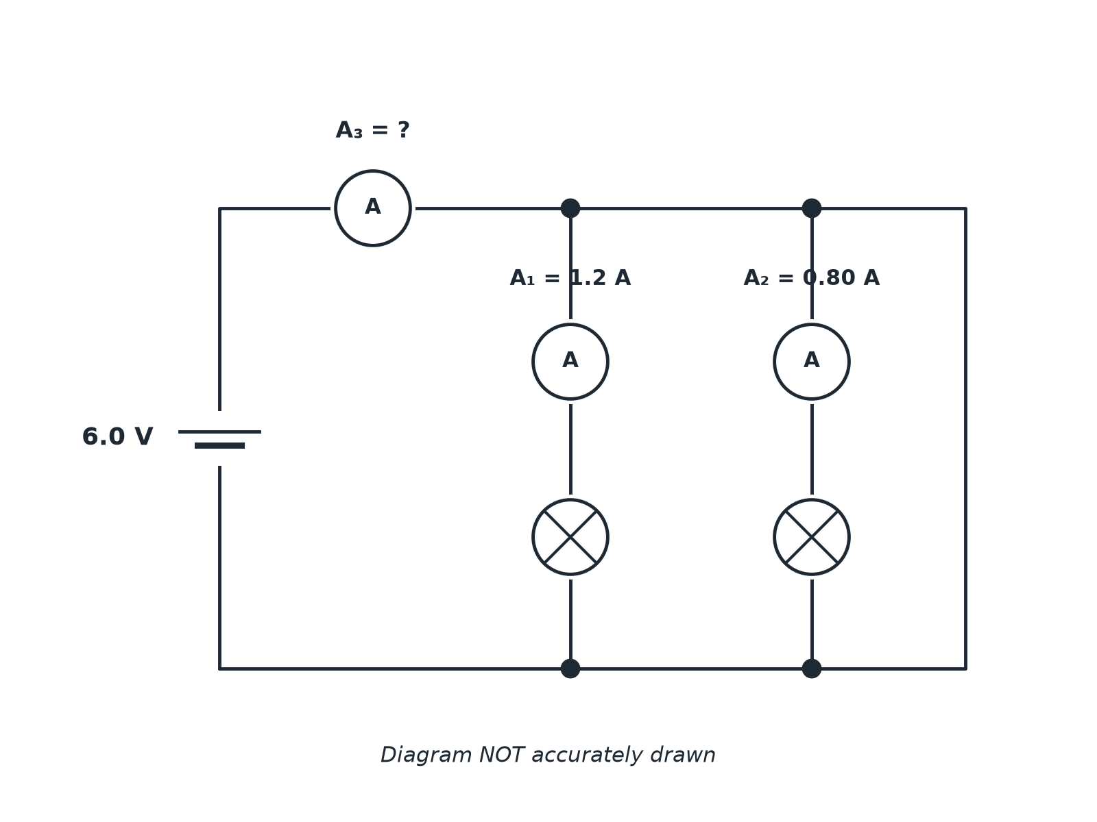 Two lamps in parallel from a 6 V battery, with ammeters A1 reading 1.2 A, A2 reading 0.80 A and A3 in the main wire.