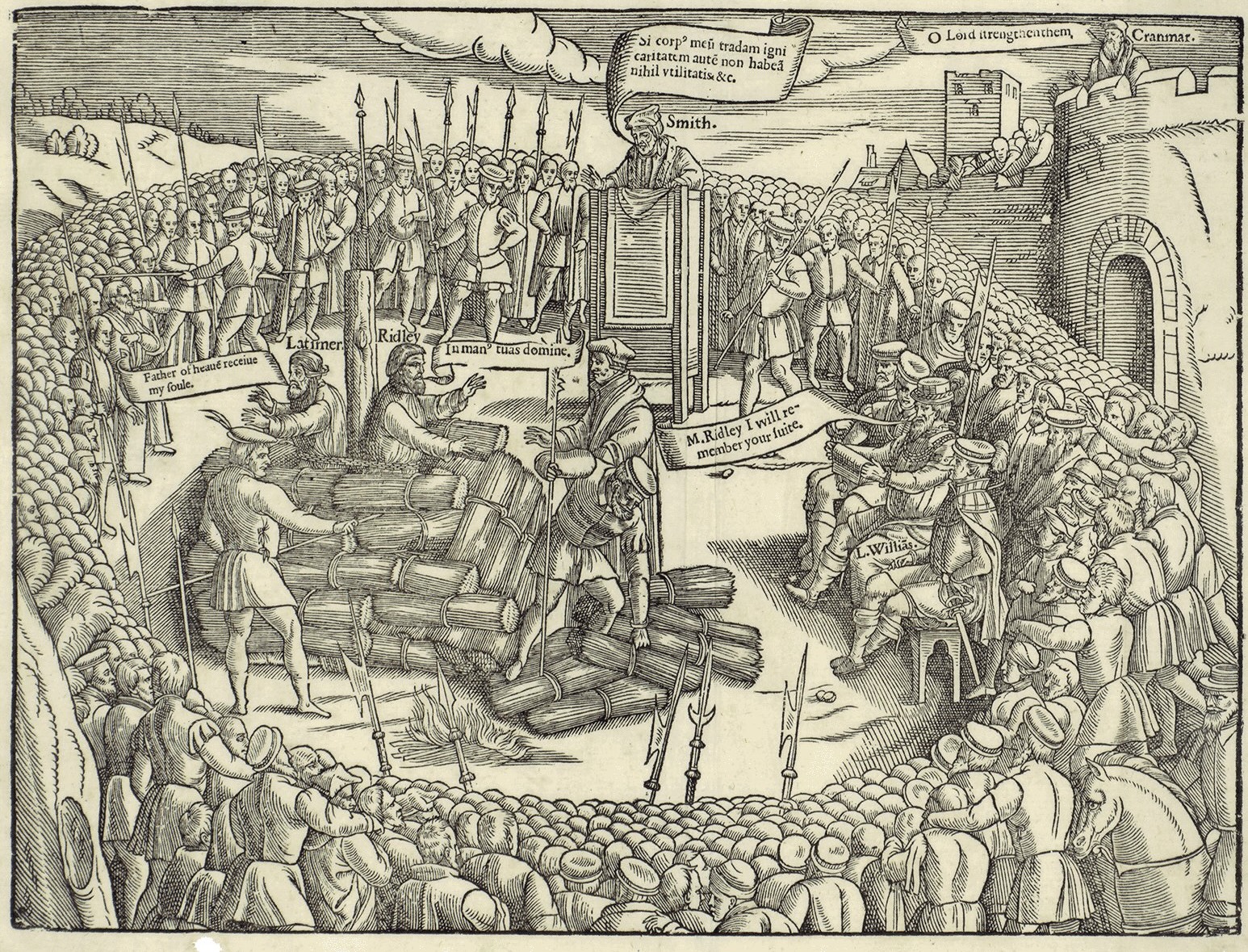 A Tudor woodcut of a man being burned at the stake while a crowd watches.