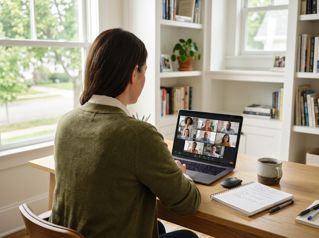 A person working from home on a video call with colleagues on a laptop.