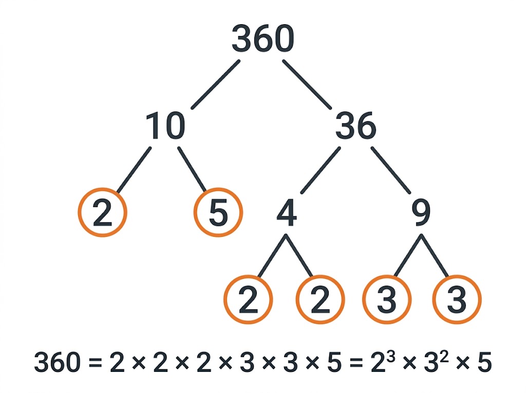 A factor tree splitting 360 into the primes 2, 2, 2, 3, 3 and 5.
