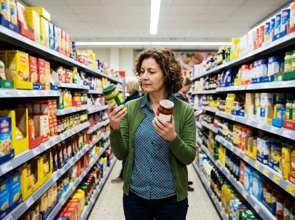 A shopper in a supermarket aisle comparing two products, one in each hand.