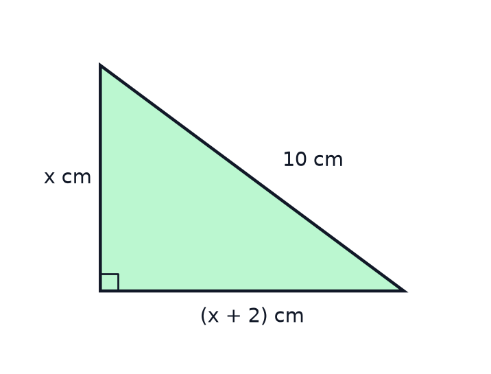 A right-angled triangle with shorter sides x cm and (x + 2) cm and hypotenuse 10 cm.