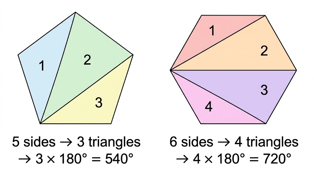 A pentagon split into 3 triangles and a hexagon split into 4 triangles from one vertex, showing angle sums of 540 and 720 degrees.