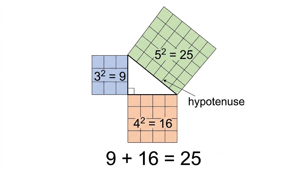 A 3-4-5 right-angled triangle with a square drawn on each side, containing 9, 16 and 25 unit squares.