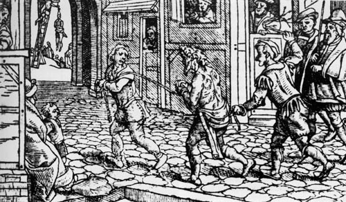 A Tudor woodcut of a half-dressed man tied to the back of a cart and whipped through the street.
