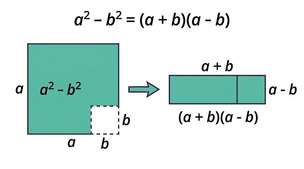 A square of side a with a square of side b cut from the corner, rearranged into a rectangle a plus b long and a minus b wide.