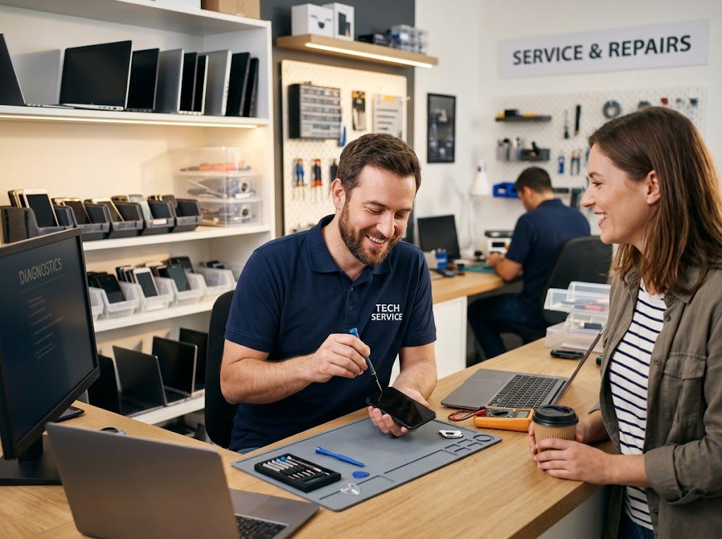 A technician at a service desk repairing a customer's smartphone while they wait.