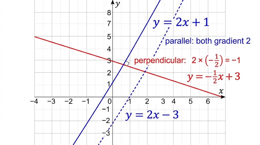 Two parallel blue lines with gradient 2, and a red line with gradient minus one half crossing one of them at right angles.