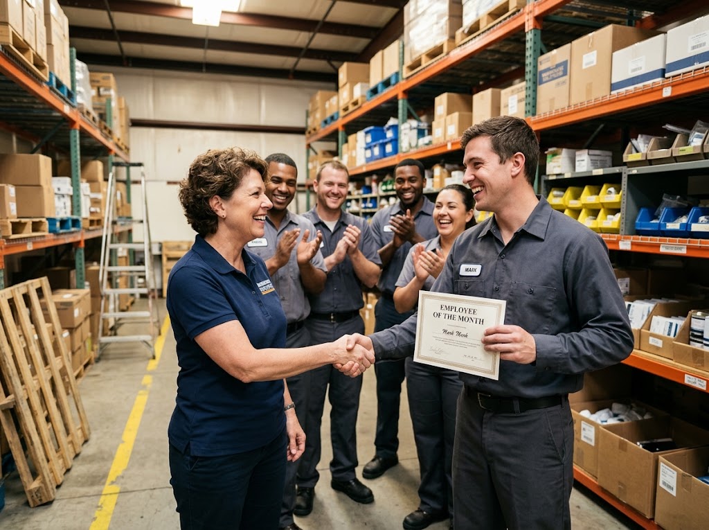 A manager shaking hands with a smiling employee holding an Employee of the Month certificate while colleagues clap.