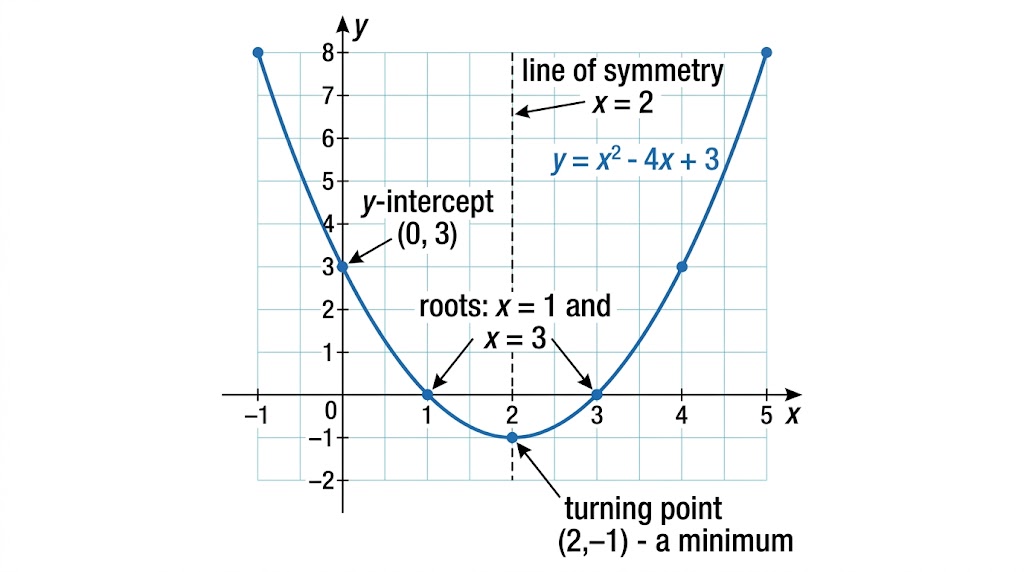 The U-shaped graph of y = x squared minus 4x plus 3, with its roots at 1 and 3, y-intercept 3, turning point at (2, −1) and line of symmetry x = 2 labelled.