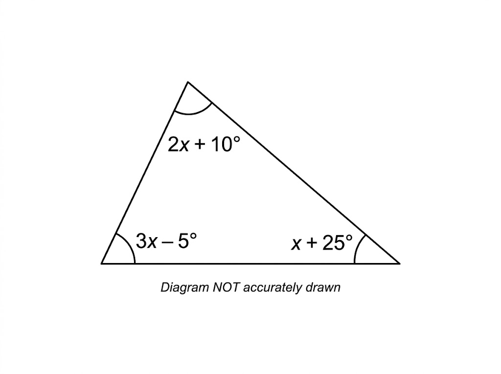 A triangle with angles labelled 2x plus 10, 3x minus 5 and x plus 25 degrees.