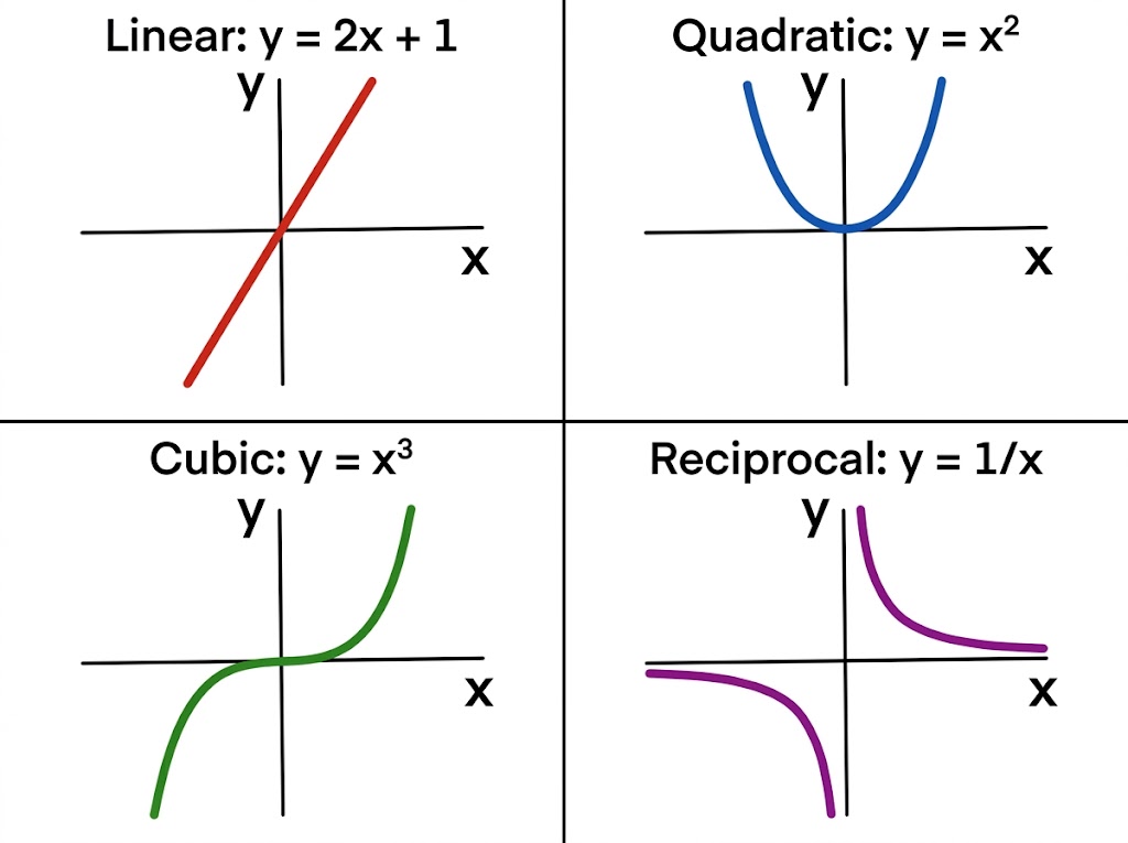 Four sketch graphs: a straight line, a U-shaped parabola, an S-shaped cubic curve and a two-branched reciprocal curve.