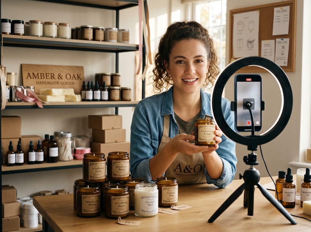 A small-business owner filming a product video on a smartphone on a tripod.