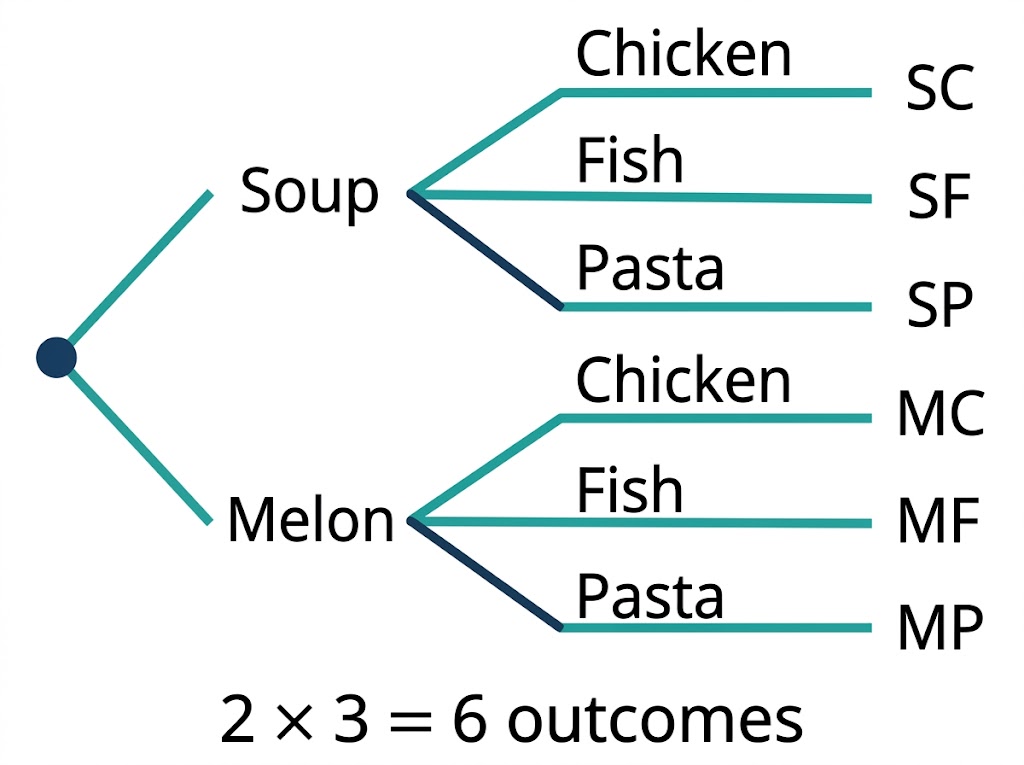 A tree diagram in which 2 starters each branch into 3 mains, giving 6 outcomes.