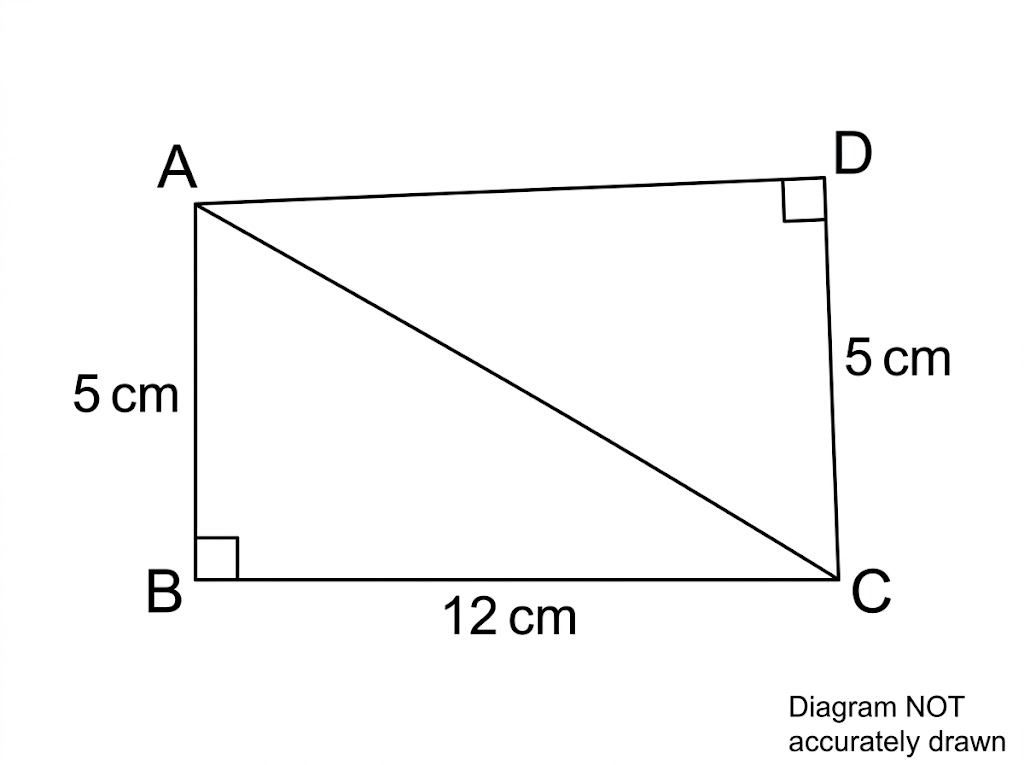 Two right-angled triangles sharing side AC: ABC with right angle at B, AB 5 cm and BC 12 cm, and ACD with right angle at D and CD 5 cm.