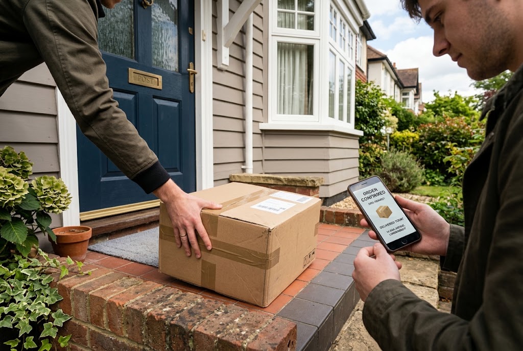 E-commerce: ordered online, delivered to the door.