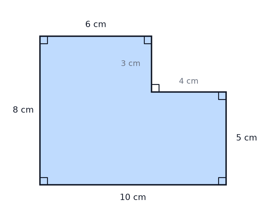 An L-shaped compound shape with sides of 10 cm, 8 cm, 6 cm and 5 cm and two missing lengths of 4 cm and 3 cm.