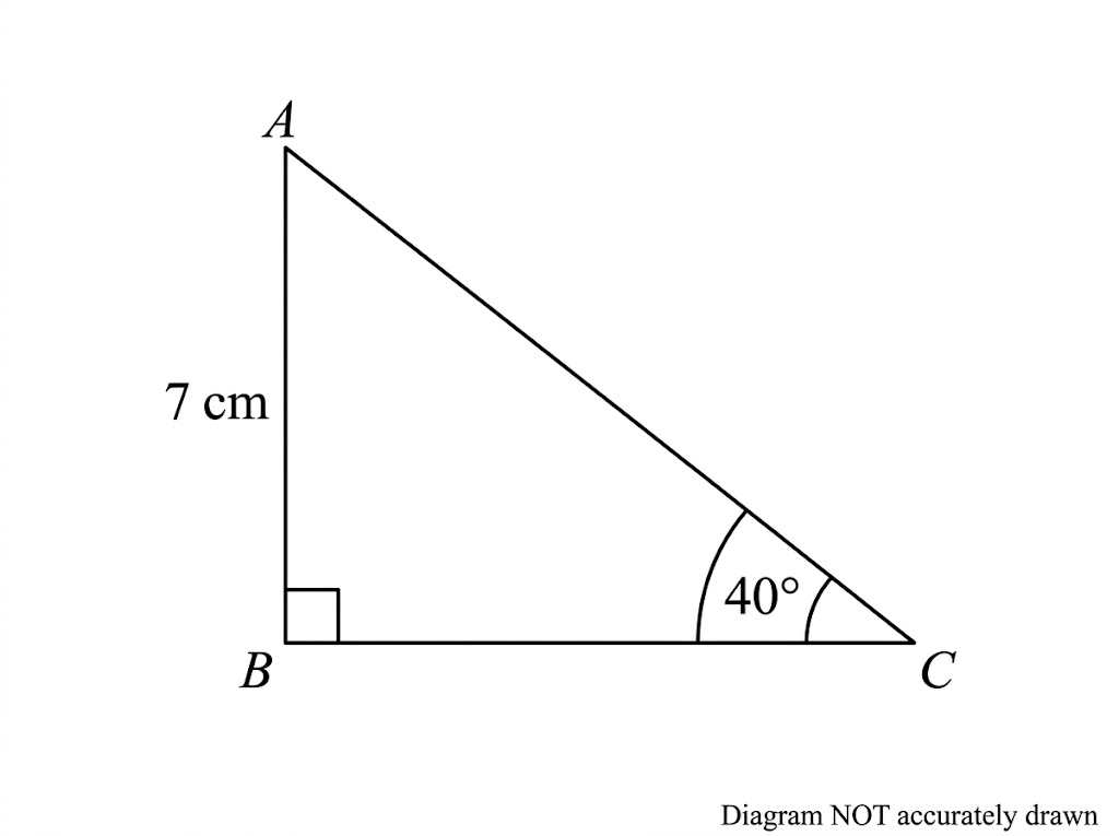 A right-angled triangle ABC with the right angle at B, AB 7 cm and angle C 40 degrees.