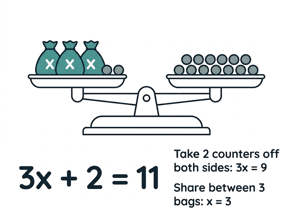 Balance scales with 3 bags labelled x and 2 counters on one side and 11 counters on the other.