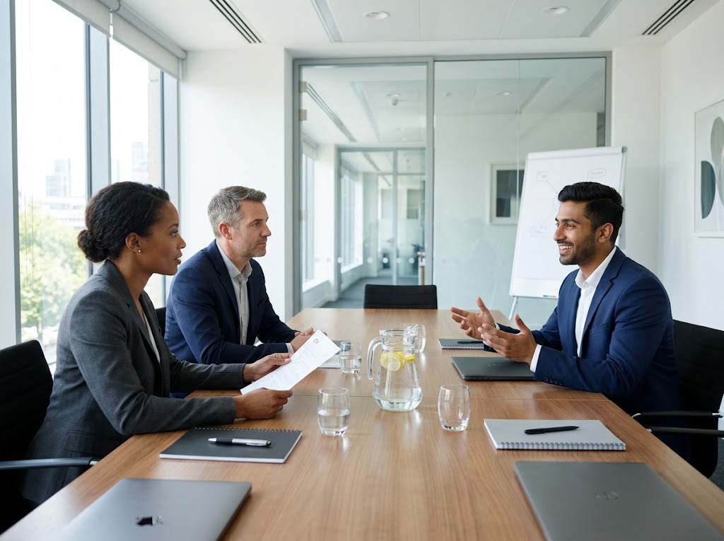 Two interviewers questioning a smiling candidate across a meeting table.