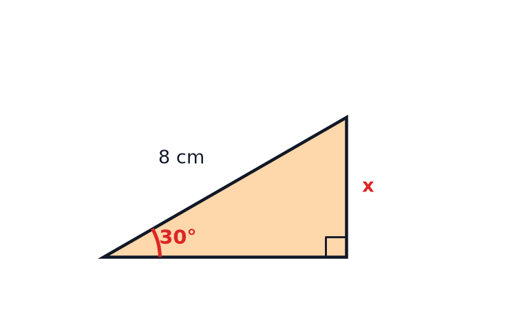 A right-angled triangle with a 30 degree angle, a hypotenuse of 8 cm and the opposite side labelled x.