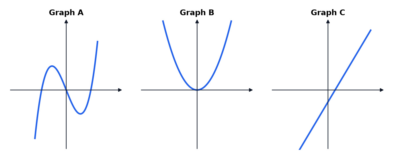 Three graphs: an S-shaped curve with two turning points, a U-shaped curve touching the origin and an upward-sloping line.