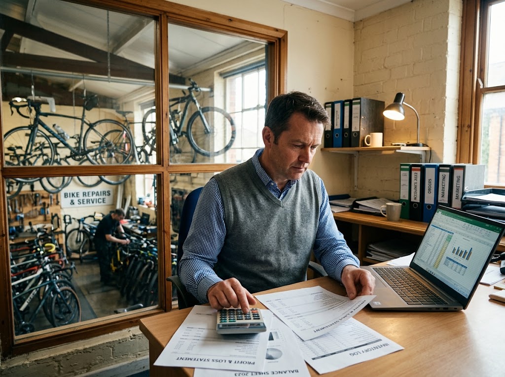 A business owner reviewing printed accounts and a spreadsheet with a calculator.