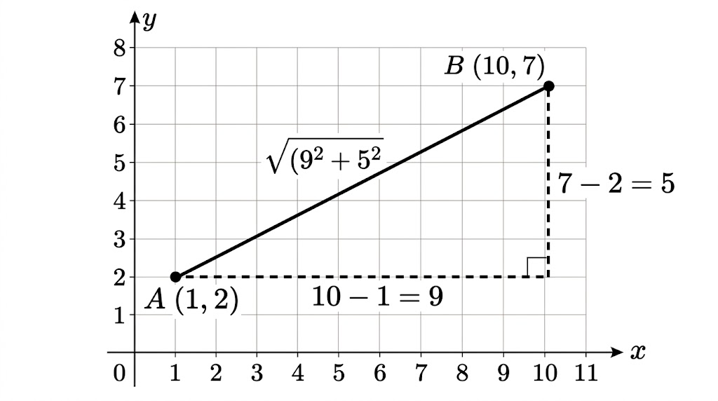 Points A(1, 2) and B(10, 7) on a grid, joined by a line, with a right-angled triangle drawn underneath with sides 9 and 5.
