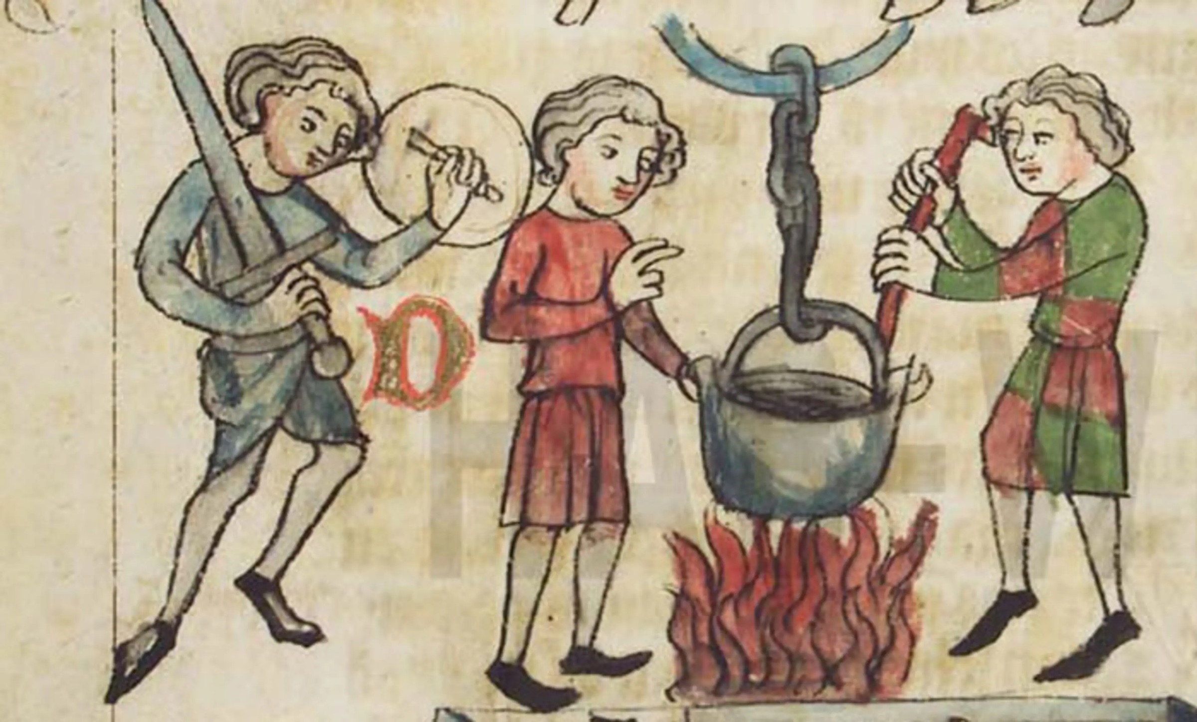 A medieval drawing of an accused person being lowered into water while a priest watches.