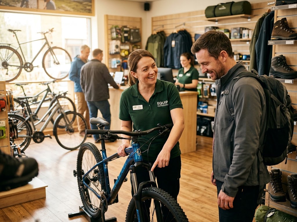 A sales assistant explaining a product's features to a customer in a shop.