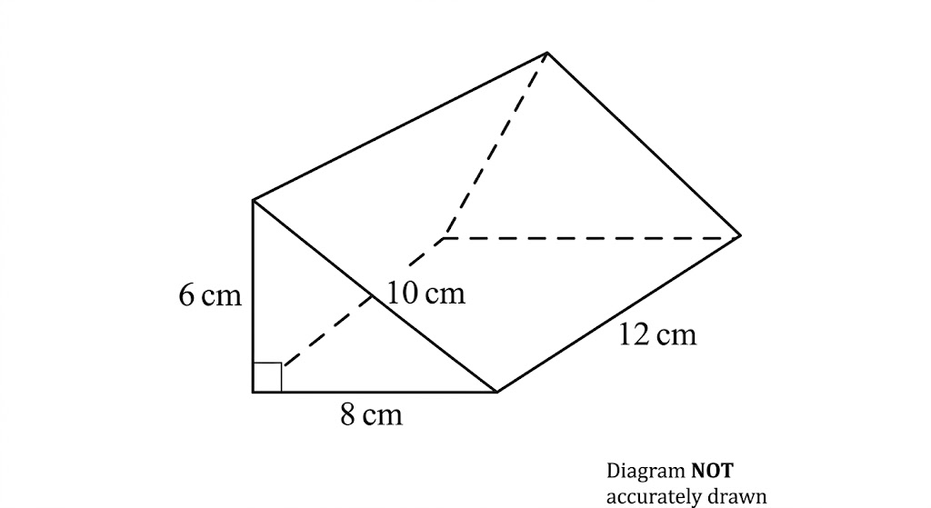 A triangular prism 12 cm long whose cross-section is a right-angled triangle with sides 6, 8 and 10 cm.