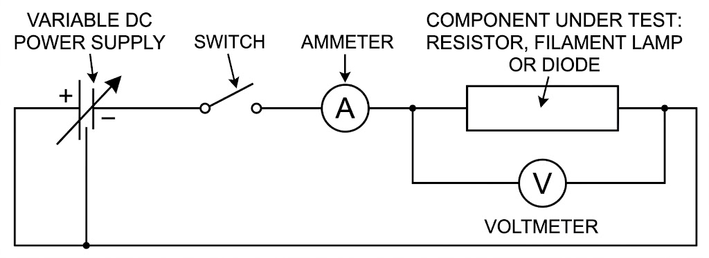 A circuit with a variable resistor, ammeter in series with the test component and a voltmeter across it.