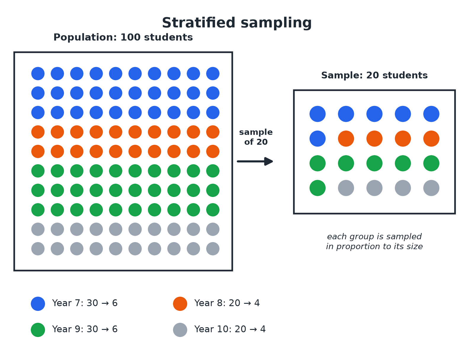 A population of 100 students split into four year groups, and a stratified sample of 20 with the same proportions.