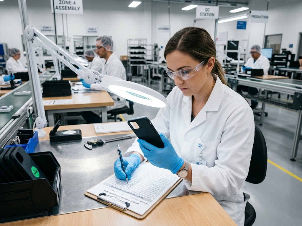 A quality inspector in a white coat examining a finished product under a lamp.
