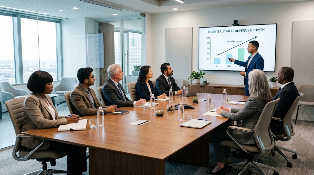 A board of directors around a table looking at a sales graph on a screen.