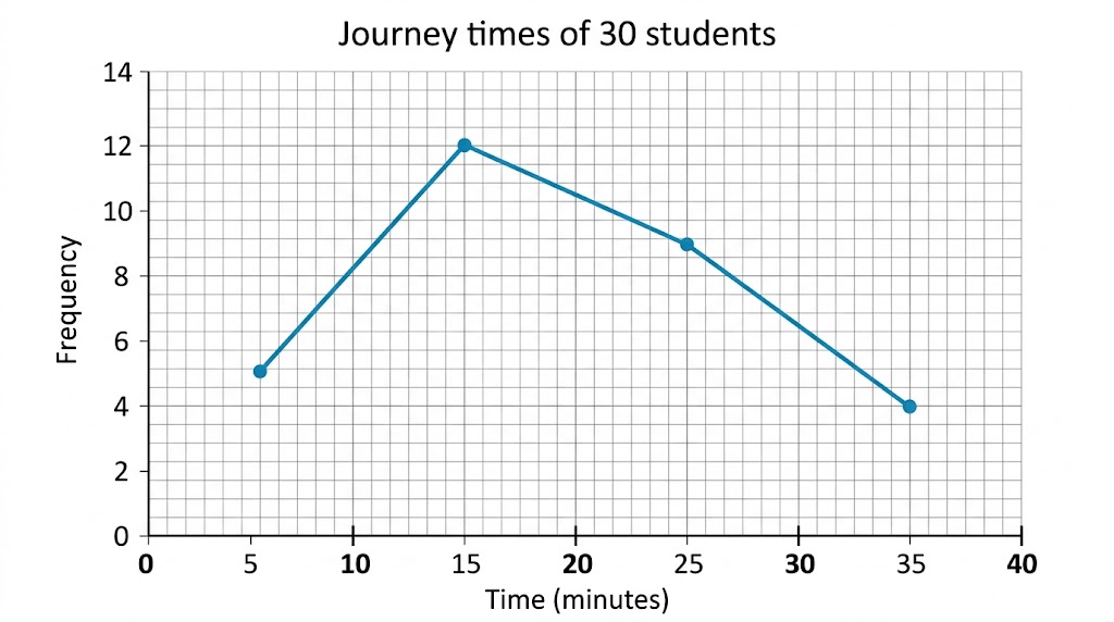 A frequency polygon of journey times with points at (5, 5), (15, 12), (25, 9) and (35, 4).