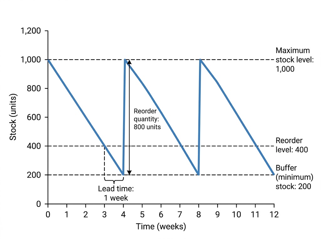 A saw-tooth bar gate stock graph falling from 1,000 to 200 units every four weeks, with maximum, reorder and buffer stock levels, reorder quantity and lead time marked.